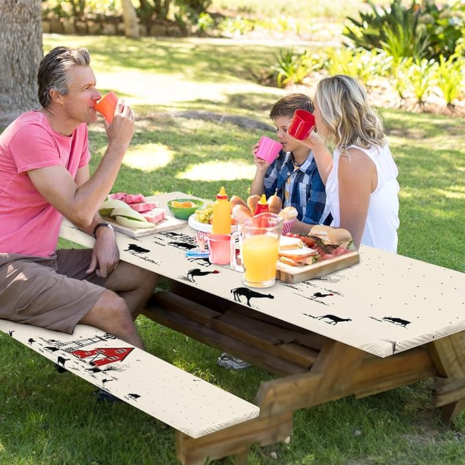 Picnic Table Cover with Bench Covers Elastic Edges, Farmhouse Camper Fitted Table Cover, Patio Camping Essentials 72 Inch 3PCS, Waterproof Camping Fitted Tablecloth with Drawstring Bag