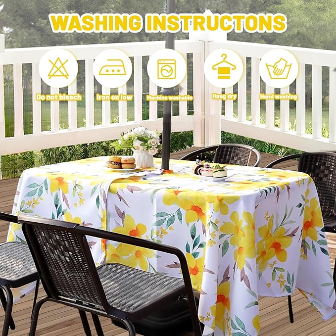 SquarePie Outdoor Indoor 60x84 inch Rectangle Tablecloth with Umbrella Hole and Zipper, Waterproof Patio Zippered Table Cloth Cover for Spring Summer Party Picnic,Yellow Flower
