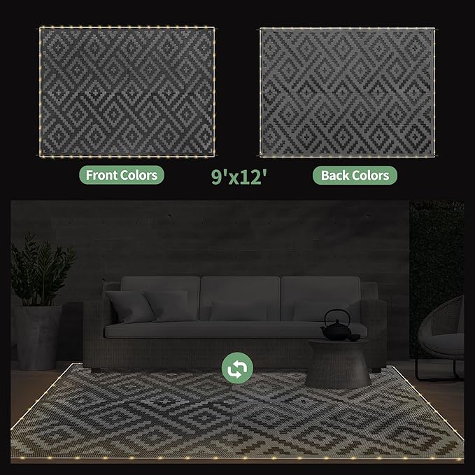 GENIMO Outdoor Rug with LED Strip Lights, 9'x12' Waterproof Camping Mat, Reversible Plastic Straw Rugs for Patio, RV, Camper, Balcony, Backyard, Picnic, Deck, Black & Gray