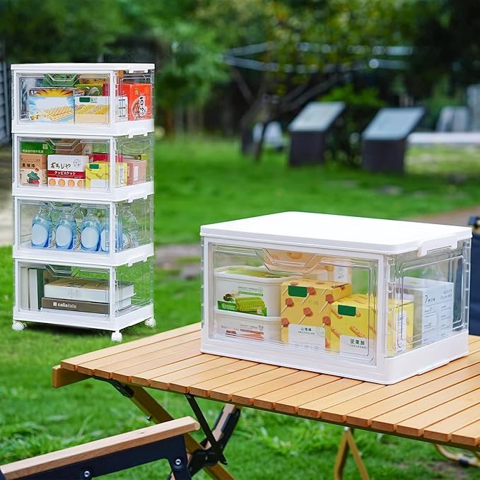 Collapsible Plastic Storage Bins with WheelsClear Stackable Storage Bins with Lid Stackable Storage Bins with Open Door Folding Storage Bins Organizer for Closet Bedroom Living Room