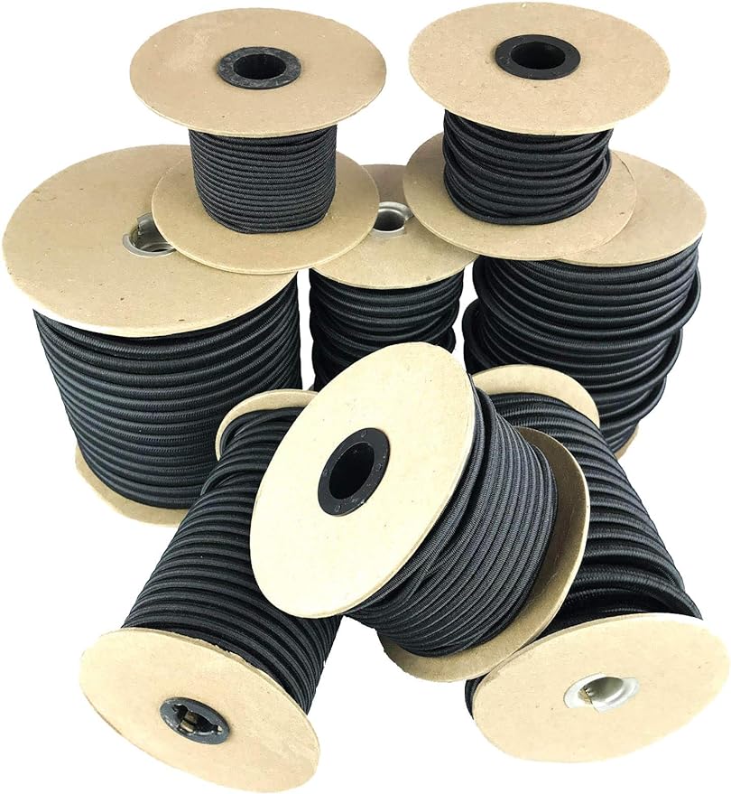 Elastic Bungee Cord. 3/16” and 1/4." 50 and 100 Foot Spools. Weather and Abrasion Resistant. Used for Tie Downs, Crafting, DIY Projects. Black Shock Cord. Made in the USA (3/8 inch x 50 feet)