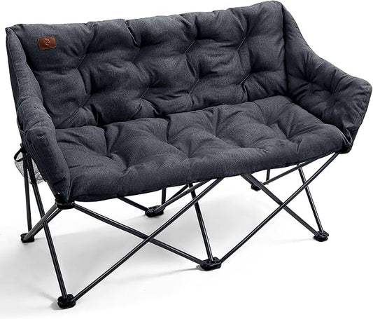 EVER ADVANCED Double Camping Chair for Adults, Padded Folding Camping Loveseat Bench with Side Pocket Portable Camping Couch, Two Person Heavy Duty Outdoor Chair with Cushion,Support 600lbs, Black