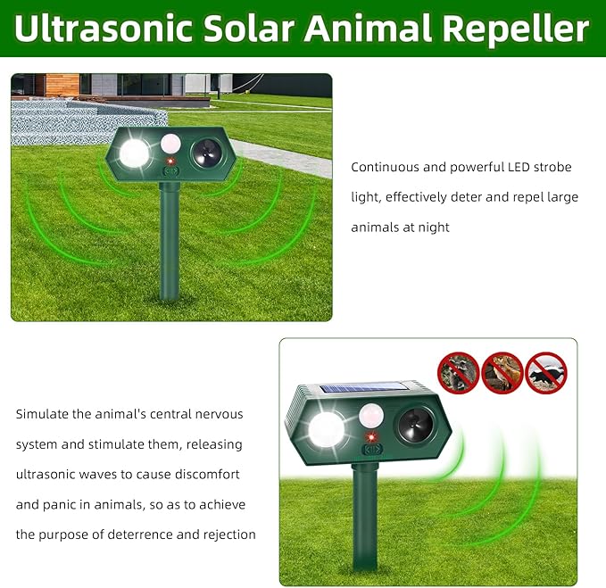 4 Pack Ultrasonic Solar Animal Repellent Cat Deterrent Outdoor,Deer Repellent with Motion Sensor Strobe Light,Waterproof Animal Repeller for Raccoon Squirrel Rabbit Dog Skunk,Yard Garden Protection