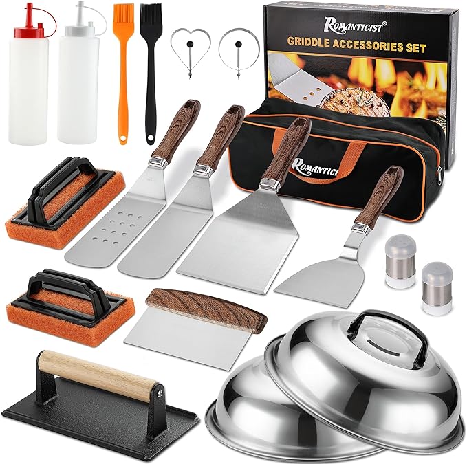 ROMANTICIST 19PCS Griddle Accessories Set - Flat Top Teppanyaki Spatula Set with Scraper, Basting Cover for Camp Chef- Home Cooking Griddle and Outdoor BBQ Gifts for Christmas