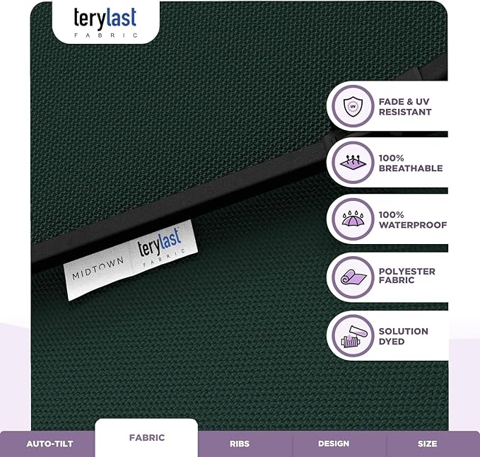 Midtown Umbrellas 10-Year-No-Fade - 9 Ft - UV Proof Forest Green Polyester Fabric - Umbrella Outdoor Patio, Auto-Tilt Aluminum Frame Patio Umbrella for Garden, Pool & Deck - Black Pole