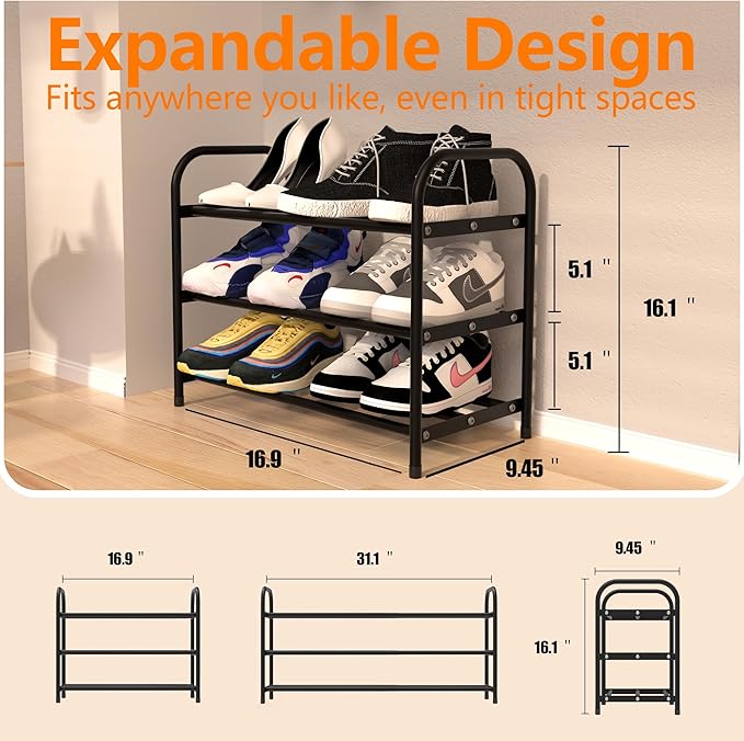 3-Tier Expandable Shoe Rack for Closet, Shoe Organizer,17”-31” Adjustable Shoe Rack,Suitable for Small Spaces,Small Front Door Wardrobe Shoe Stand,Sturdy Metal,Black