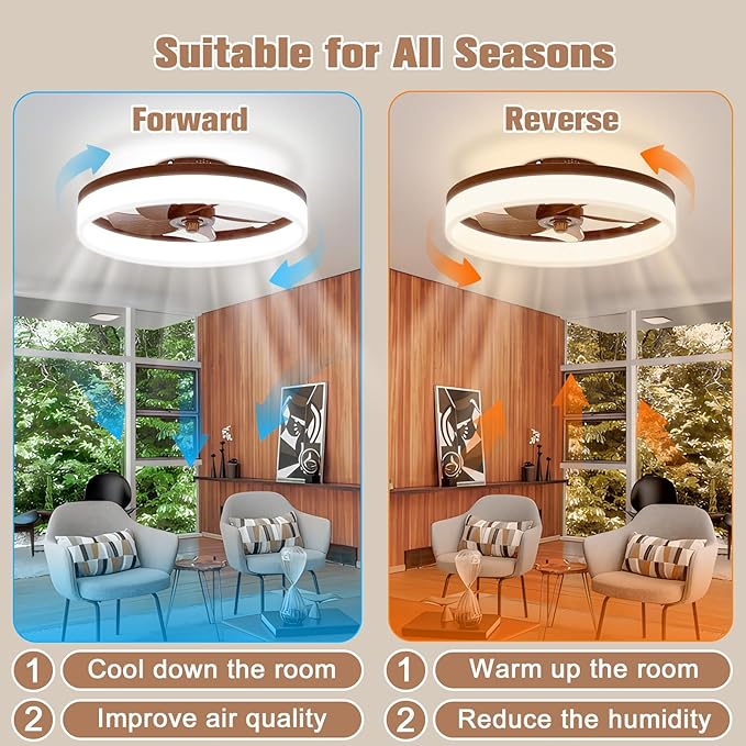 VOLISUN Farmhouse Ceiling Fans with Lights and Remote, 19.7in Low Profile Ceiling Fan Flush Mount, 3000K-6500K Dimmable Bladeless LED Fan Light, Fandelier Ceiling Fans with Lights for Bedroom(Walnut)