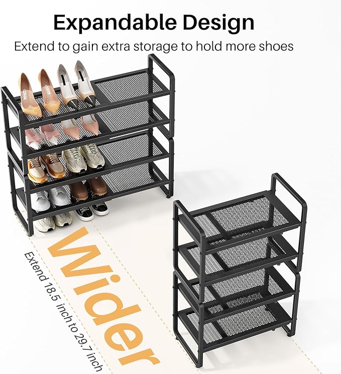 Shoe Rack - Expandable Shoe Organizer for Closet, Adjustable Metal Shoe Shelf Storage, 4 Tier Stackable Long Shoe Stand Holder for Garage, Entryway, Door Entrance, Black
