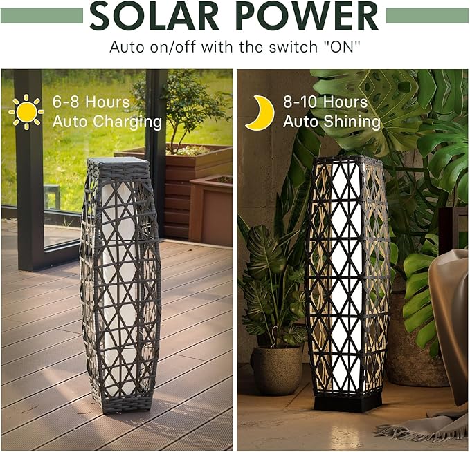 Grand patio 2-Piece Outdoor Solar-Powered Woven Wicker Lantern Floor Lamp Decoration for Deck Garden Lawn Porch - Medium Cindy, Silver Gray