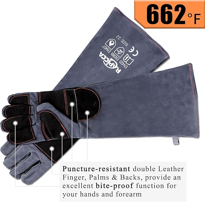 RAPICCA Animal Handling Gloves Bite Proof Reinforced Leather Padding Dog,Cat Scratch,Bird Handling Falconry Gloves Grabbing,Reptile Squirrel Snake Bite 22in Grey-Black