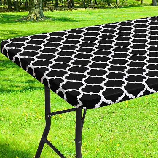 Smiry Rectangle Picnic Table Cover, Waterproof Elastic Fitted Camping Tablecloths for 6 Foot Tables, Wipeable Flannel Backed Vinyl Tablecloth Protector for Indoor, Outdoor (Black, 30x72 Inches)