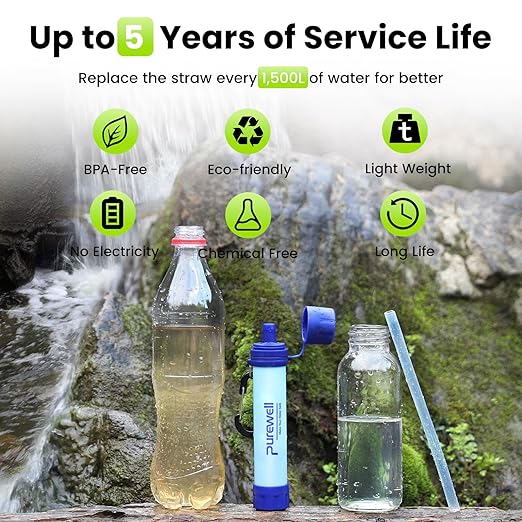 Purewell Outdoor Water Filter Personal Water Filtration Straw Emergency Survival Gear Water Purifier for Camping Hiking Climbing Backpacking