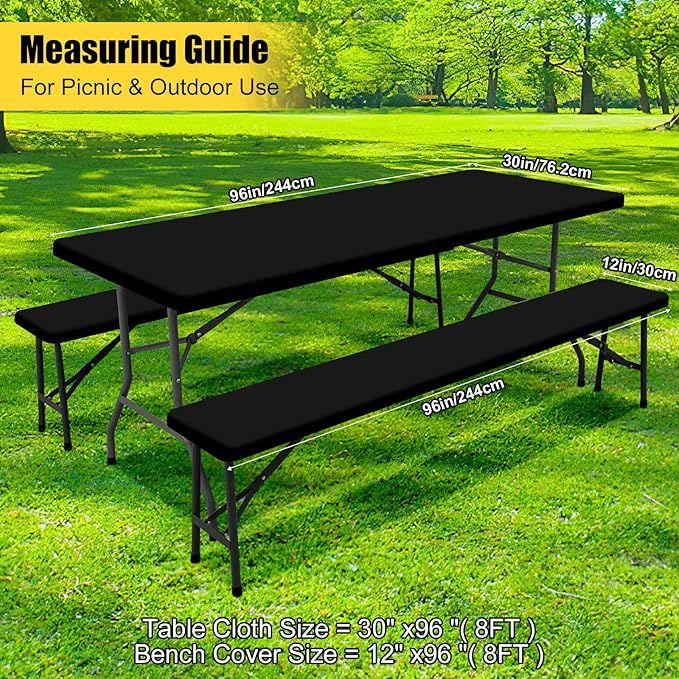 Smiry Picnic Table Cover with Bench Covers, Waterproof Elastic Fitted Polyester Tablecloths for 8 Ft Rectangle Tables, Washable Windproof Tablecloth for Camping, RV & Outdoor (Black, 30x96 Inches)