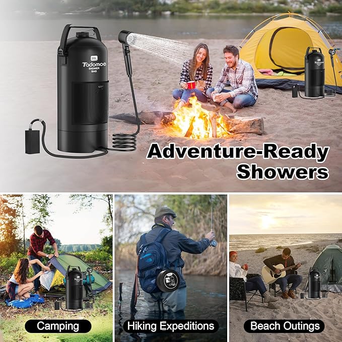 Portable Shower for Camping,5 Gal/20L Solar Heating Camping Shower Bag with Shower Pump,Shower Head,Essential for Camping,Festivals,Overlanding,Beach Trips,Outdoor Showers (Eco Foot Pump)