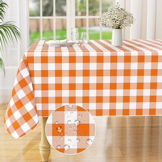 misaya Rectangle Waterproof Vinyl Table Cloth, Buffalo Flannel Backed Tablecloth, Wipeable Plastic Table Cover for Dinner, Kitchen, Picnic (60" x 120", Orange and White)