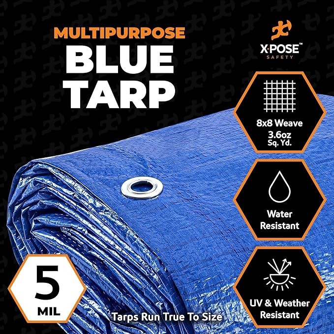 Better Blue Poly Tarp 8' x 10' (2-Pack) - Multipurpose Protective Cover - Lightweight, Durable, Waterproof, Weather Proof - 5 Mil Thick Polyethylene - by Xpose Safety