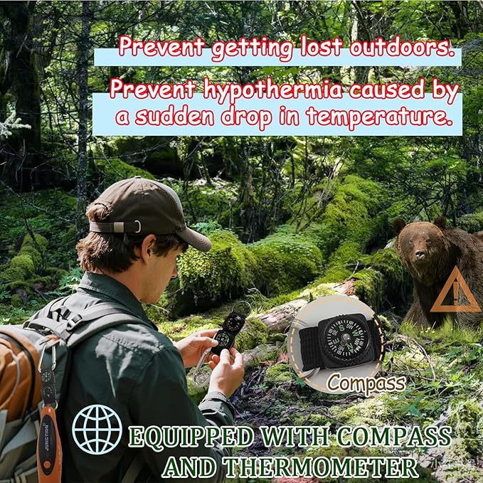 120dB Electronic Air Horn with Compass & Thermometer, Bear Horn to Scare Bears, Loud Air Horn for Safety Hiking Camping Emergency Self Defense, Electronic Whistle Bear Bells for Hiking (Orange)