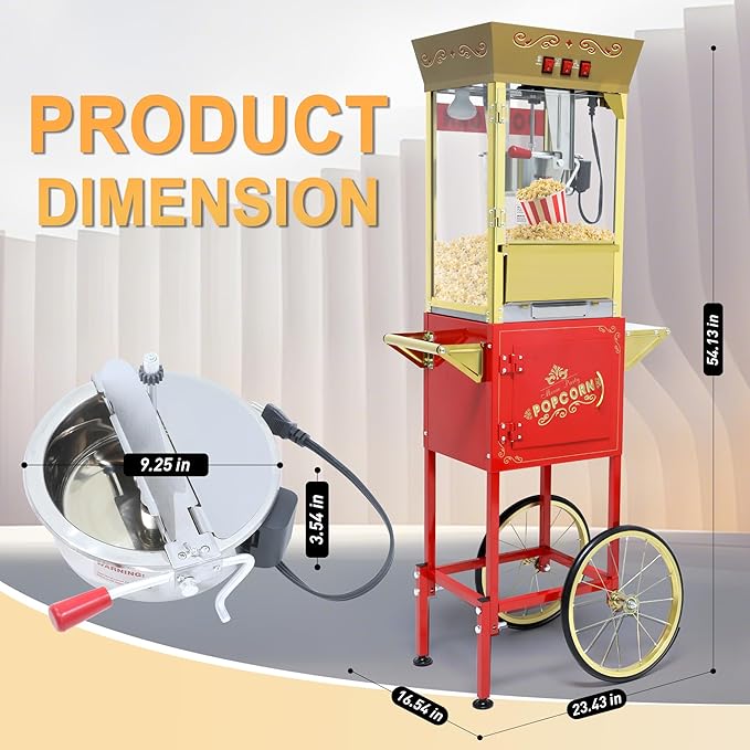 Popcorn Maker Machine - Professional Cart With 12 Oz Kettle Makes Up to 80 Cups, Stainless Steel Vintage Commercial Popcorn Machine Movie Theater Style (Red)