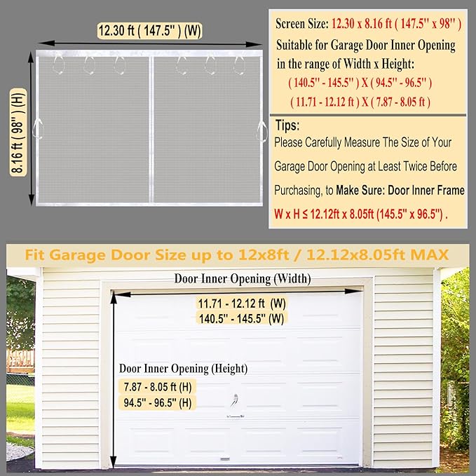Magnetic Garage Door Screen Kit 12x8 FT White - Retractable Mesh Net Screen Door with Fiberglass Mesh for 1 Car Garage 12x8ft, Blocks Bugs & Provides Privacy - Perfect for Workshop Gym Patio