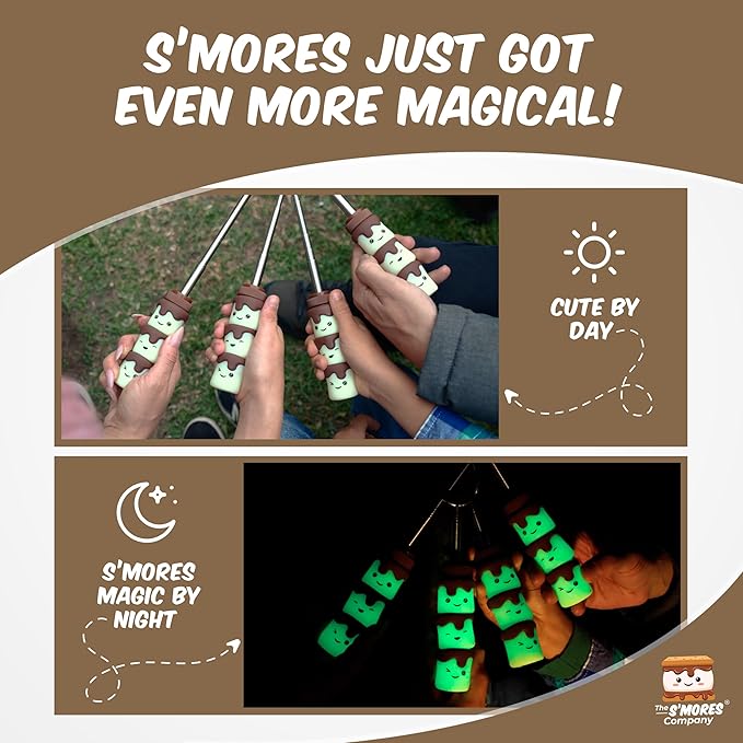 THE S'MORES COMPANY - Glow in the Dark Marshmallow Roasting Sticks - Set of 4 Rotating Smores Sticks - Telescoping Extra Long Marshmallow Sticks for Fire Pit, Campfire & Bonfire - Camping Accessories
