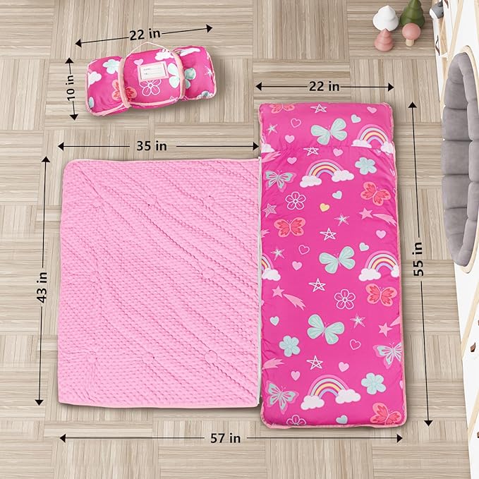 Primlect Toddler Nap Mat Extra Large Thickened 55''x35'', Soft Sleeping Bag with Detachable Minky Blanket and Pillow, Portable for Daycare, Preschool, Kindergarten, Travel, Boys and Girls