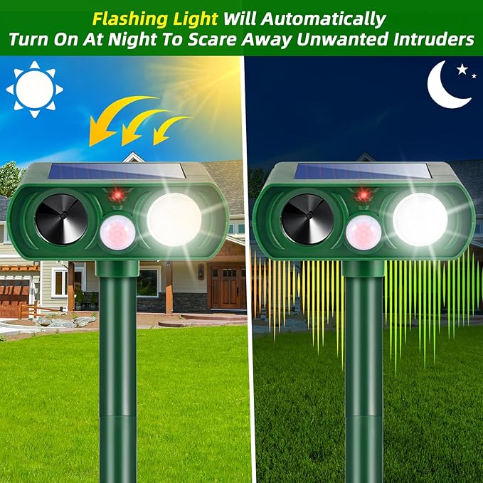 4 Pack Solar Ultrasonic Animal Repellent Squirrel Fortress Pro Outdoor,Cat Deer Repellent with Motion Detection Strobe Light,Waterproof Repeller for Raccoon Rabbit Dog Skunk,Yard Garden Protection