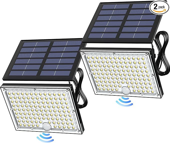 JACKYLED Motion Solar Lights Outdoor, 113 LED Cool White Bright Solar Flood Lights Waterproof, Dusk to Dawn Outdoor Solar Powered Security Lights for Fence Porch Patio Yard Garage, 2 Pack
