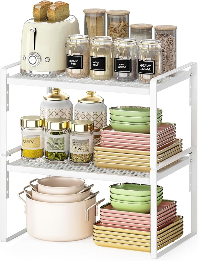 2 Pack Kitchen Countertop Organizer, Stackable Cabinet Shelf Organizer, 2 Tier Adjustable Kitchen Counter Shelves Riser For Pantry Cupboard Bathroom Organization And Storage, Desk Shelf,Spice Rack