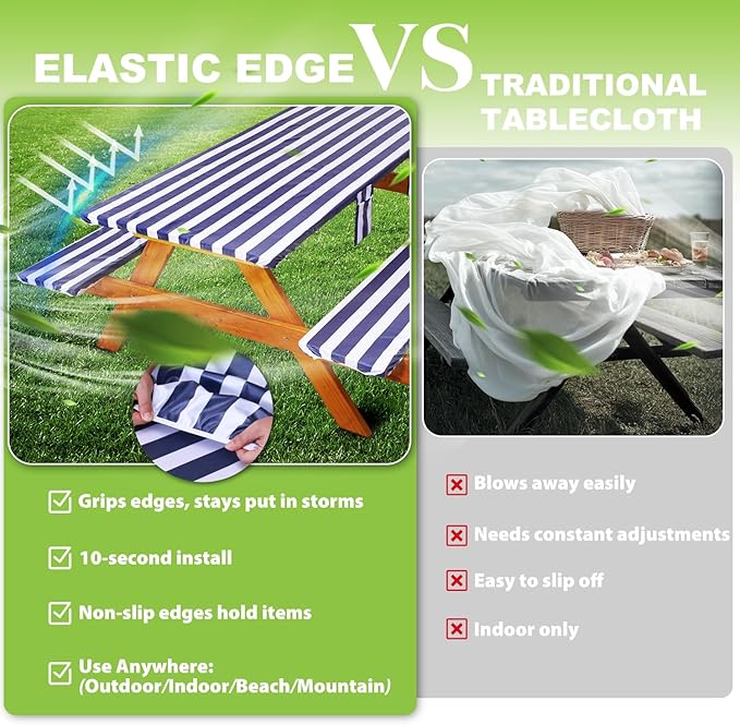 Fitted Picnic Table Cover with Bench Covers Waterproof Elastic Edges Rectangle Patio Tablecloth Outdoor Camping Essentials Stuff Rv Accessories Summer Trip Travel Supplies Party Camper Gifts, 8 ft