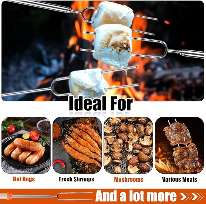 Briout Extendable Stainless Steel Roasting Sticks - Smores Sticks for Fire Pit Long 32 Inch, Smore Skewers Hot Dog Fork Campfire Accessories, Camping Essentials for S'mores - 10 Pack