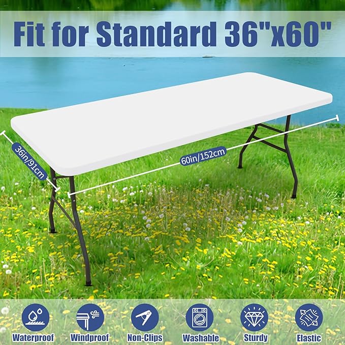 Spandex 5 Foot Rectangle Table Cloth 2 Pack, Elastic Fitted Tablecloths for Picnic, Stretch Washable Patio Table Cover for Outdoor, Camping, Banquet and Parties (White, 36"x60")