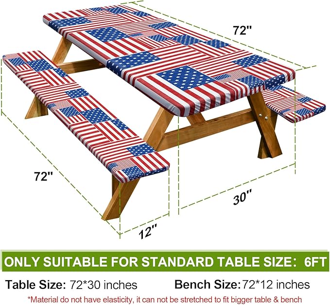 Picnic Table Cover with Bench Covers Camping Essentials Waterproof Windproof Camping Tablecloth with Drawstring Bag, Fitted Rectangle Tables and Seats, 72in, Red Blue White