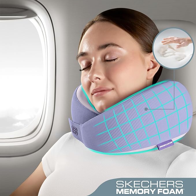 Skechers Memory Foam Neck Pillow, Comfortable & Breathable Travel Pillow,Neck Pillow Airplane for Travel, Car Rides, Home, and Office Use, Ergonomic Design for Men and Women,Purple