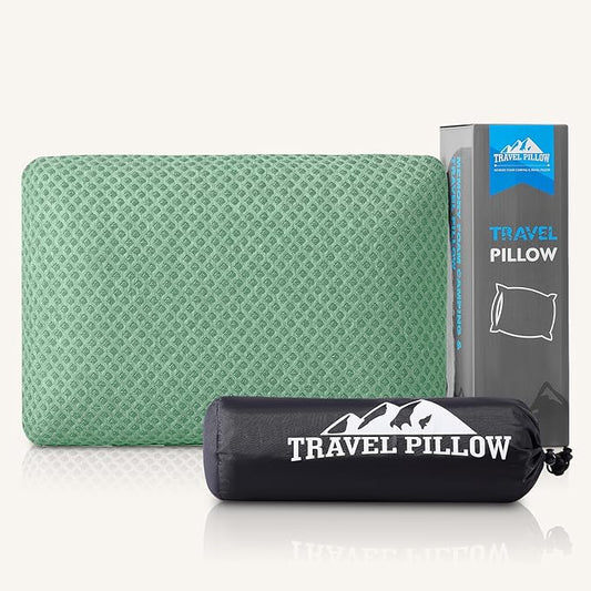 Travel Pillow Memory Foam Pillows, Camping Pillow- Compressible Medium Firm, Breathable Cover, Ideal Backpacking Hiking, Bed Pillows, Airplane and Car (Green, S)