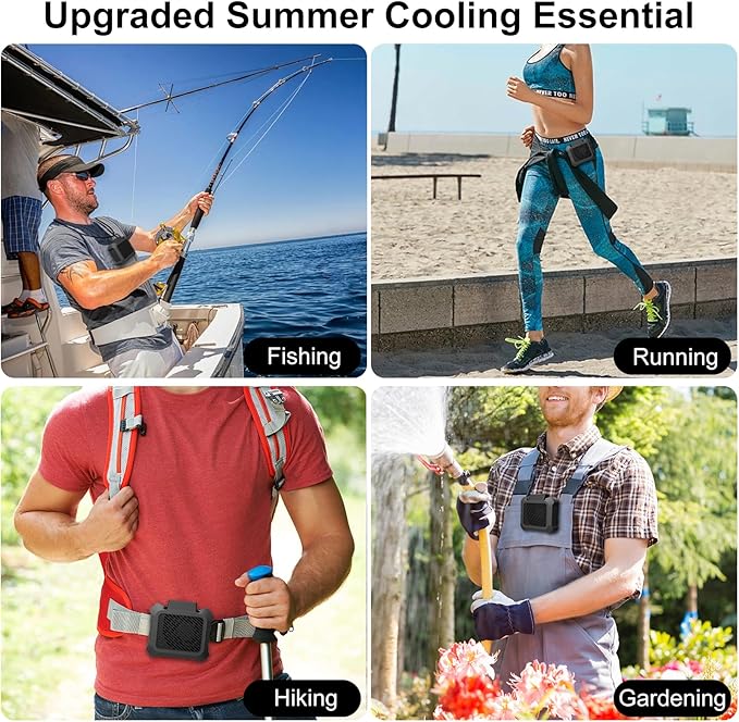 Portable Waist Fan, Personal Clip on Fan Rechargeable Hands-Free Hanging Neck/Desk Fans with 3-Speed Settings & LED Light, Small Wearable Cooling Belt Shirt Fans for Camping Travel Outdoors