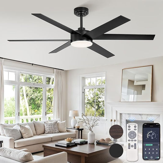 56 Inch Ceiling Fans with Lights and Remote, Reversible 6 Blades, Dimmable, 3000K-6000K Adjustable, Outdoor Ceiling Fans for Patios, Large Ceiling Fan for Indoor or Covered Outdoor-Black
