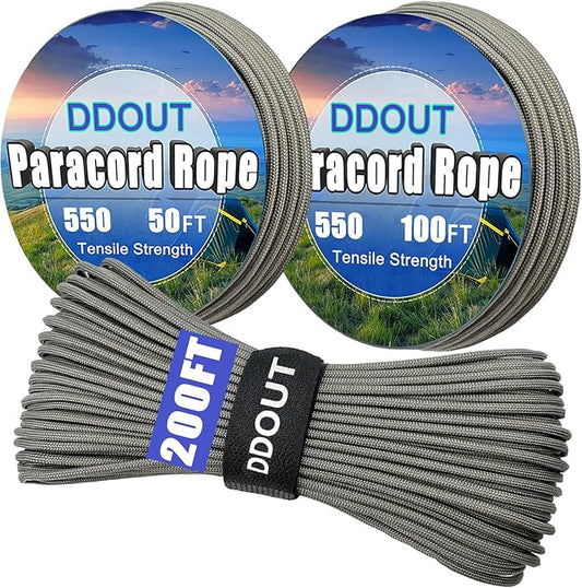 Paracord Nylon Rope Gray 200ft with 7-Strand Core, 10 Colors and 50/100/200 ft, Type III Parachute Cord 4mm for Camping, Survival, Hiking, DIY, Crafting, Outdoor Utility Rope