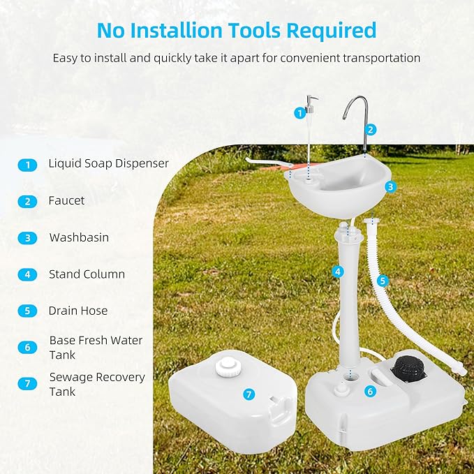 YITAHOME Portable Sink Camping Hand Washing Station, 17 L Wash Basin Stand with 24L Recovery Tank, Rolling Wheels, Soap Dispenser, Towel Holder, for Garden, Outdoor, Travel, Boat, Gather, Worksite
