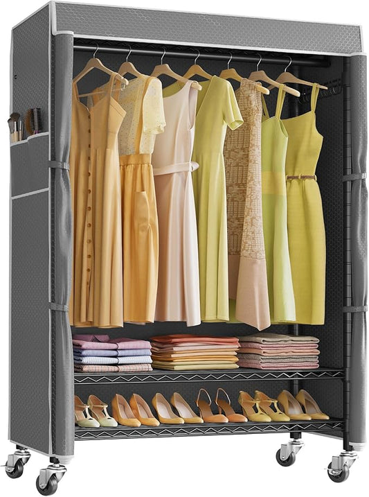 VIPEK R3C Plus Garment Rack Rolling Clothes Racks with Locking Wheels, Heavy Duty Clothing Rack Portable Closet with Adjustable Shelves & Side Hooks, Black Rack with Grey Upgraded Polyester Cover