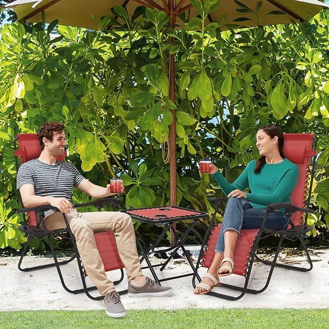 MoNiBloom 3PCS Leisure Chairs Table Set Outdoor Furniture Zero Gravity Chairs Recliner Adjustable Folding Lounger for Pool Patio Camping Yard Beach Vacation, 330lbs Capacity, Maroon