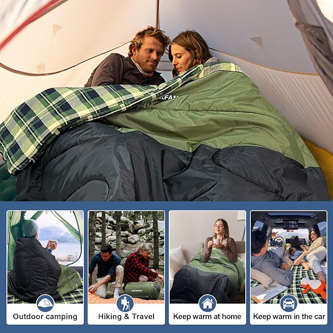 Double Sleeping Bag for Adults Machine Washable 2 Person Camping Sleeping Bag Queen Size Waterproof with Compression Sack for Cold Weather 3-4 Seasons