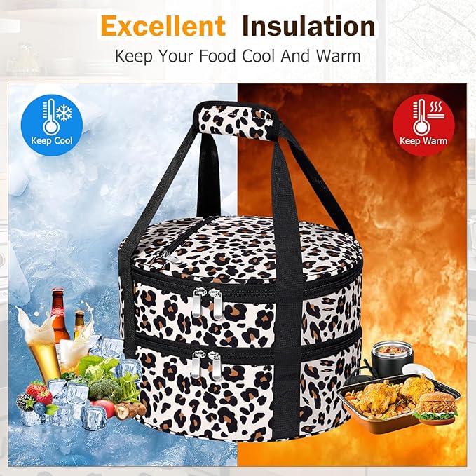 Round Double Insulated Casserole Carrier, Pie Carrier Bag, Portable Casserole Carrier for Hot or Cold Food Lunch Tote, Lunch Bag for Parties Picnic, Fits 12.5" Baking Dish, Leopard