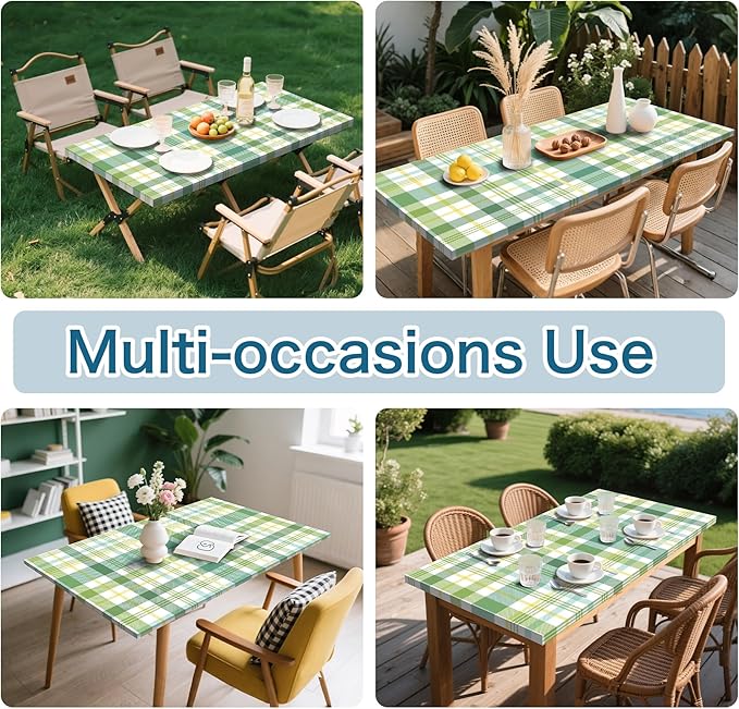 Green Picnic Table Cover with Bench Covers, 3 Pcs Waterproof Elastic Picnic Table Cover Outdoor Camping Essentials, Windproof Fitted Tablecloth for Indoor Outdoor (Plaid, 60X30 Inch)