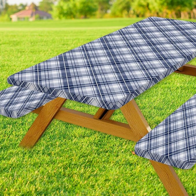 DYNH 3 Pcs Picnic Table Cover with Bench Covers, 8ft Waterproof Reusable Elastic Fitted Rectangle Picnic Table Cloths,30x96IN Blue Plaid Picnic Tablecloth for Camping Patio Travel Outdoor