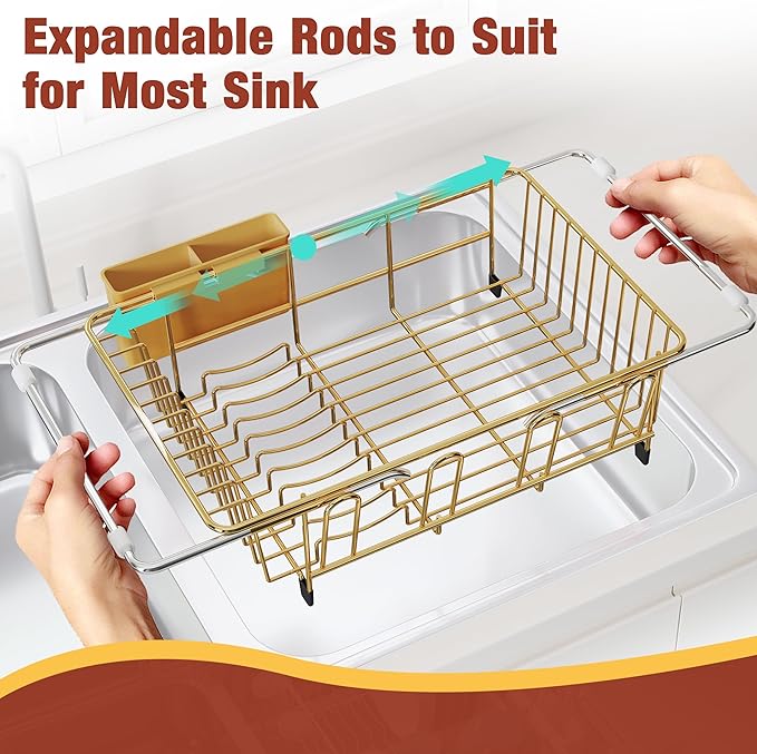 Sink Dish Drying Rack, Expandable Stainless Steel Dish Rack Over Sink, Kitchen Sink Drain Strainer with Cutlery Holder & Cup Holders, Space Saving Plates Dryer Rack, Gold