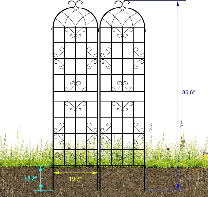 LZRS 4 Pack 87x20in Rustic Iron Arch Decoration Garden Trellis with Black Metal Coating – Perfect for Supporting Climbing Plants Outdoor, Roses, Vines, Flowers, and Vegetables.