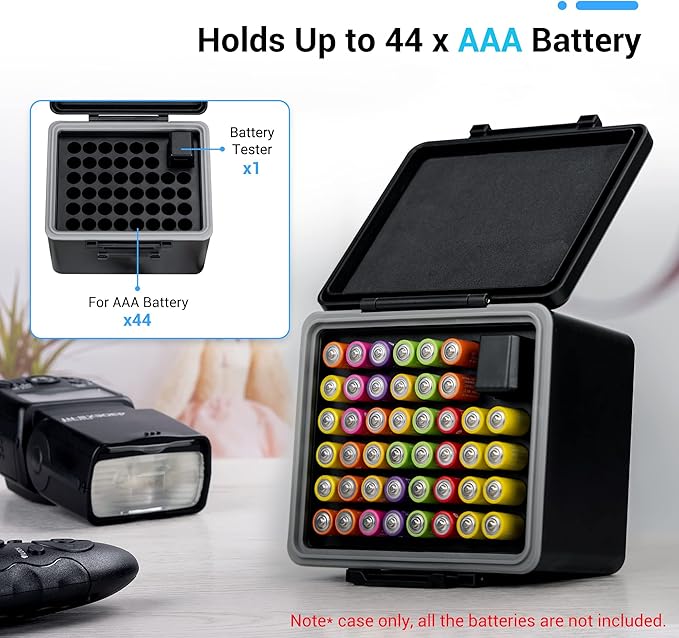 JJC 44 Slots AAA Triple A Battery Case Holder with Removable Battery Tester, Water-Resistant & Shockproof AAA Battery Storage Box Organizer