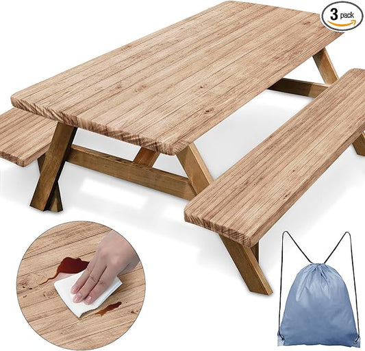 Picnic Table Cover with Bench Covers Elastic Edges, Brown Map Wooden Fitted Table Cover, Outdoor Patio Camping Essentials 72 Inch 3PCS, Waterproof Camping Fitted Tablecloth with Drawstring Bag