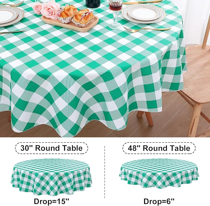 misaya Round Waterproof Vinyl Table Cloth, Buffalo Flannel Backed Tablecloth, Wipeable Plastic Table Cover for Dinner, Kitchen, Picnic (60", Green and White)