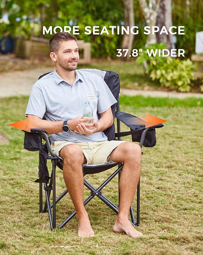KingCamp Oversized Camping Folding Chair, Heavy Duty 450 LBS with Lumbar Support, Padded seat with Cup Holder&Cooler Bag, Ideal for Camp, Fishing, Sports Event, Backyard, Patio, Lawn (Black/Grey)